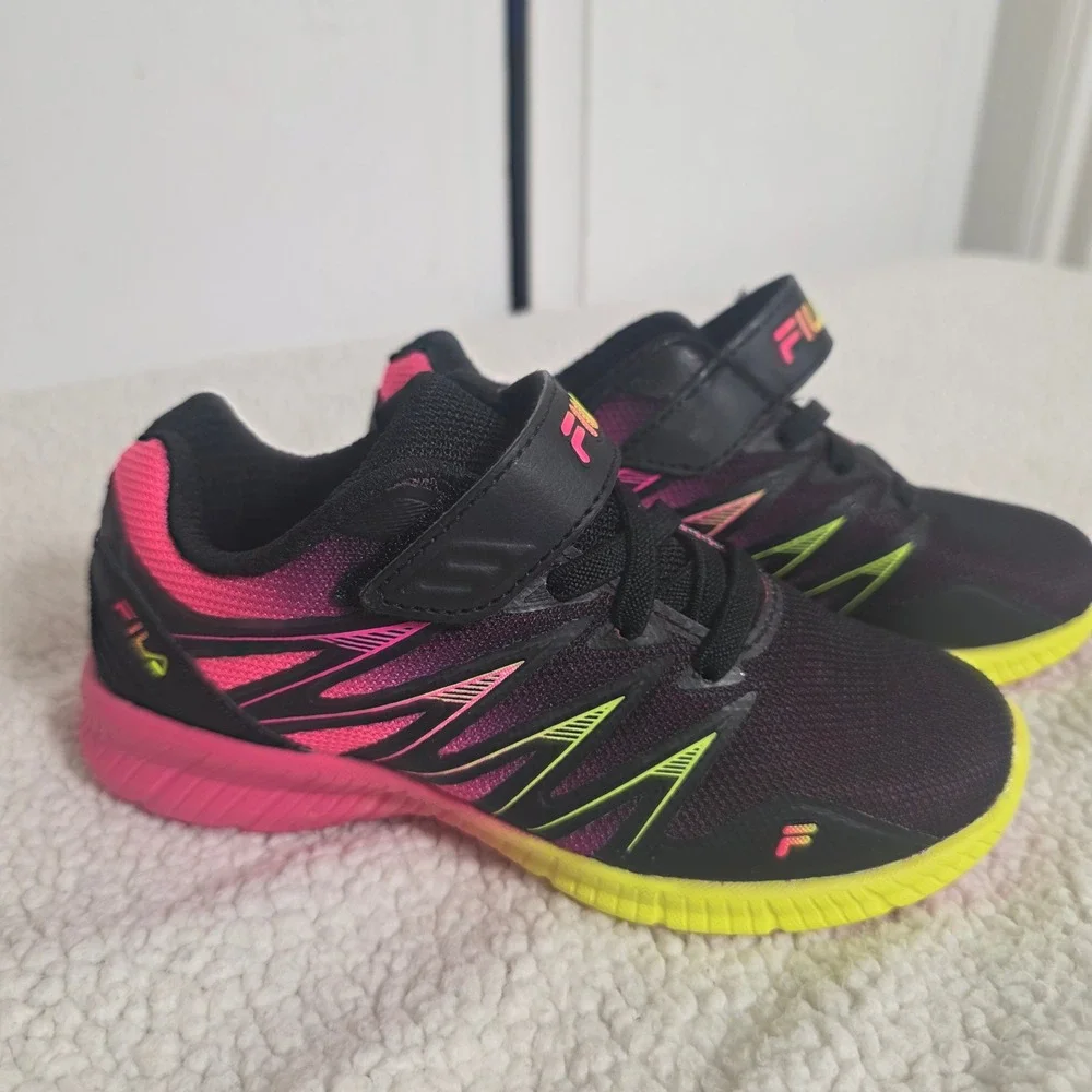 Fila Fantom 8 Strap Shoes Running School Slip On Velcrow Black/Pink/Yellow 12k